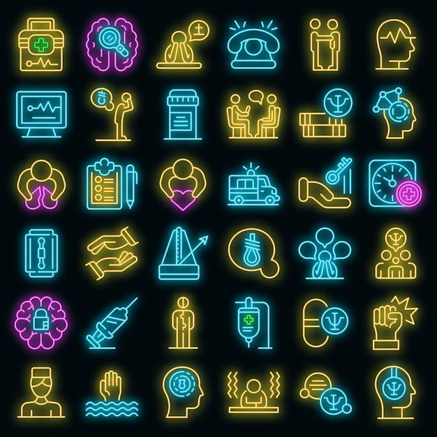 Supporting mental health icons set. Outline set of supporting mental health vector icons neon color on black