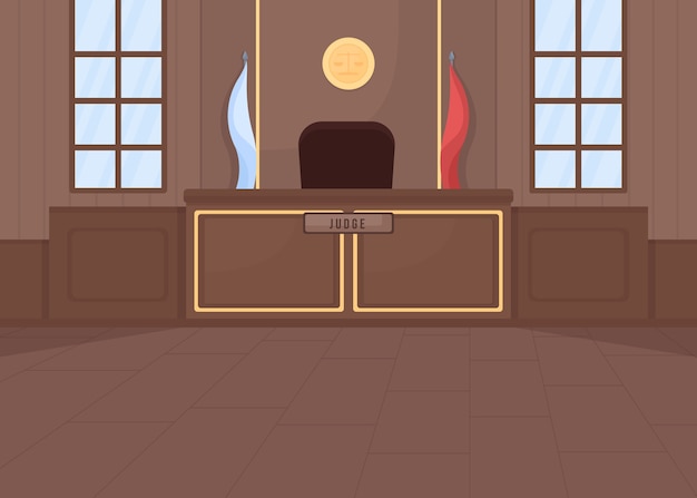 Vector supreme courthouse flat color illustration. legal procedure. criminal law. legislation system. trial process. empty court room 2d cartoon interior with judge stand on background