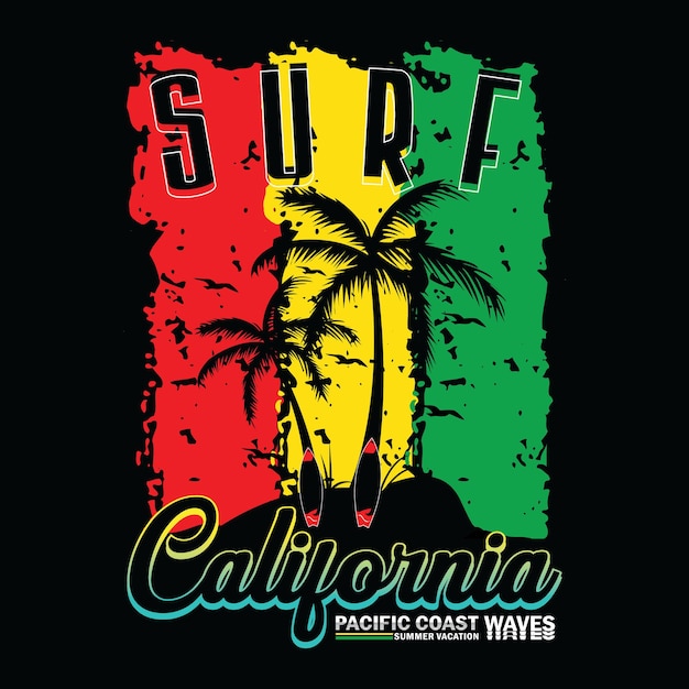 surf california pacific coast typography with palm trees illustration vector art