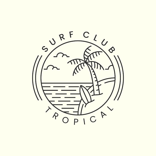 Surf club tropical beach with emblem and line art style logo icon template design palm tree cloud sea vector illustration