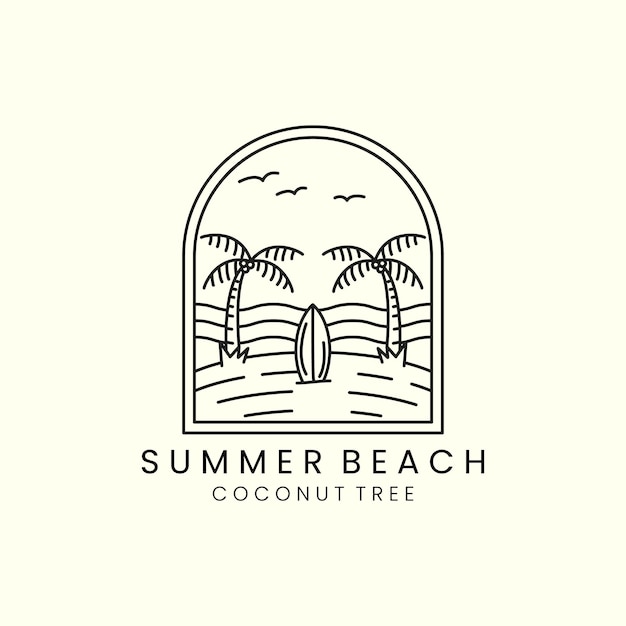 Surf club with badge and line art style logo icon template design summer beach birdseacoconut tree vector illustration