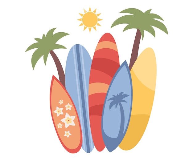 Surf concept. Surfing icon. Surfboards with different patterns and palm tree. Vector flat