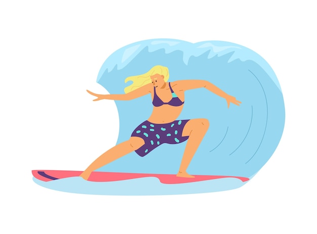 Surf girl stand on surfboard and ride in blue ocean waves a vector illustration