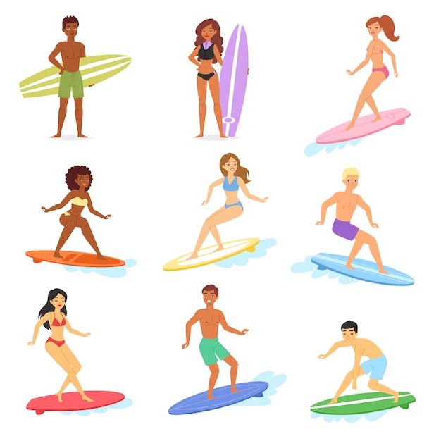 Surf  people surfing in ocean and man or woman surfer character on surfboard illustration set of cartoon young sportsman on wakeboard  on white background