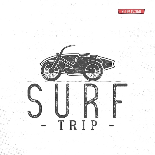 Surf trip logo. Vintage summer surfing emblem label