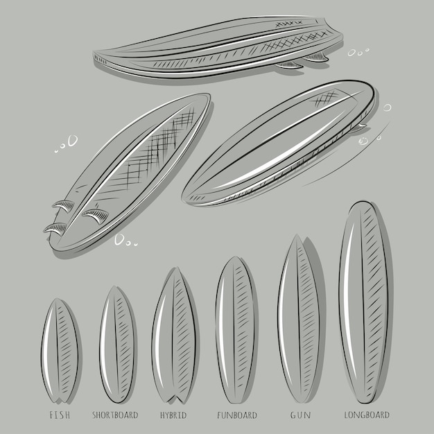 Surfboard hand drawn sketch Boards for surfing of different shapes vector set