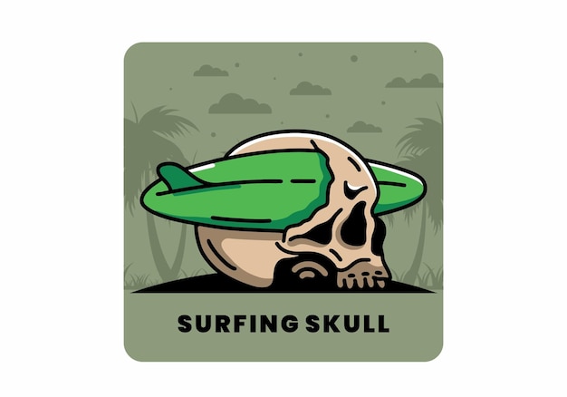 Surfboard piercing the skull illustration design