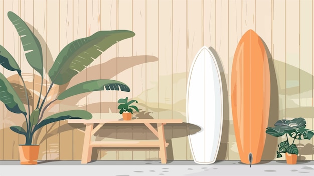 Vector surfboard and table with houseplants near wooden wall