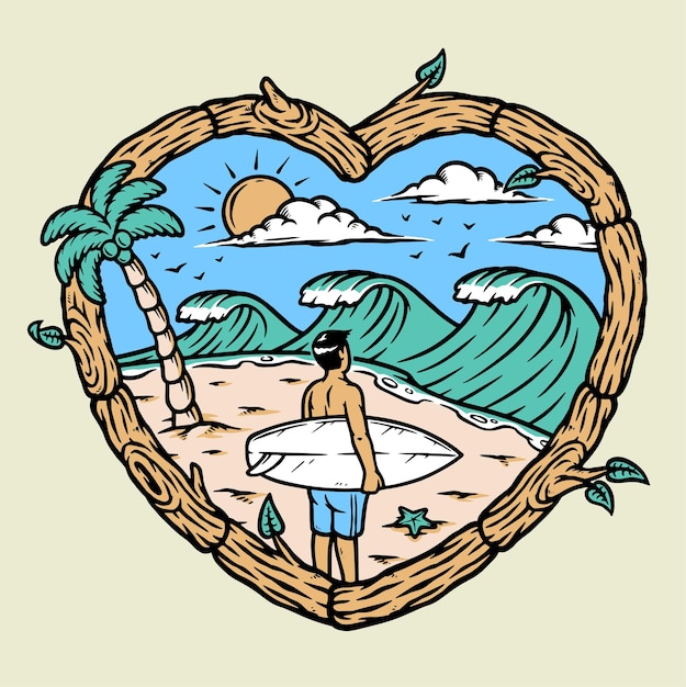 surfer on the beach with love wooden frame illustration