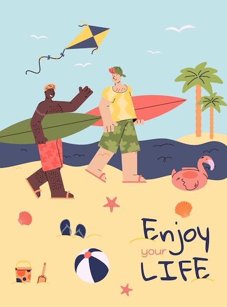 Surfer friends on summer beach, cartoon people with surfing boards