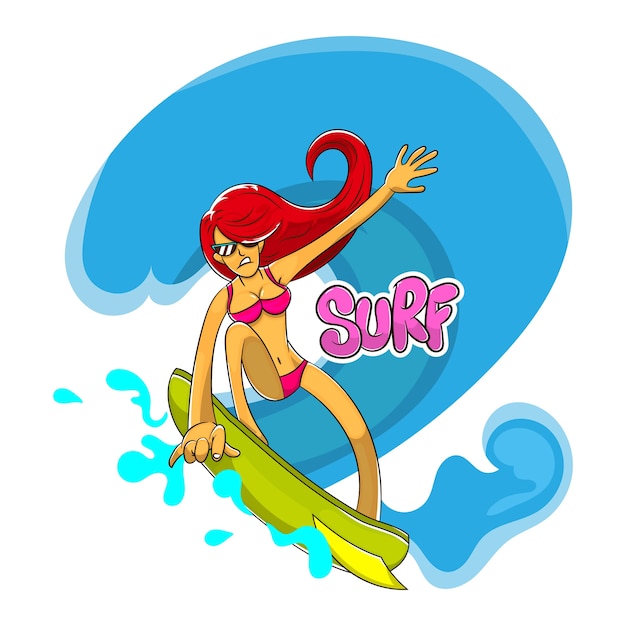 Surfer Girl play with waves roll cartoon vector