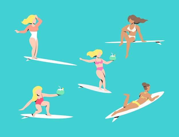 SURFER GIRLS WITH SOME DIFFERENT POSES ON THE SURFING BOARD PREMIUM VECTOR