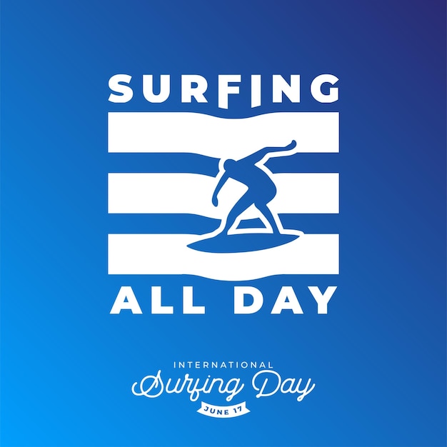 Surfer riding a surfboard in the waves on a blue background for international surfing day