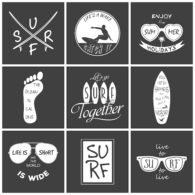 Surfer set. Vintage elements and labels. illustration.