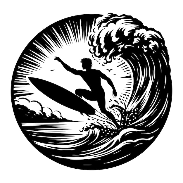 Surfer surfing the waves on his surfboard silhouette vector illustration