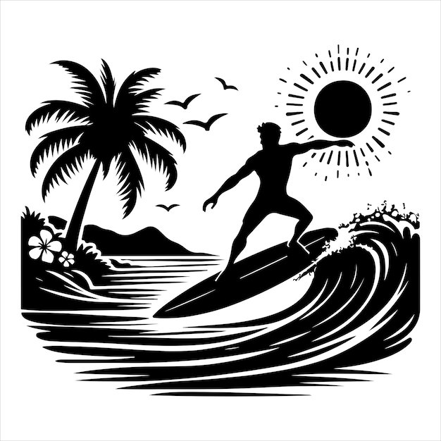 Surfer surfing the waves on his surfboard silhouette vector illustration