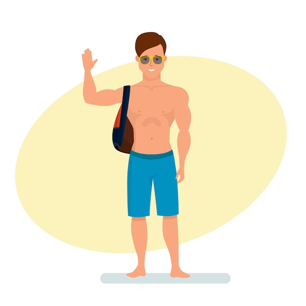 Surfer with backpack on shoulder standing welcomes with raised palm