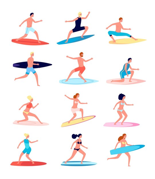 Surfers. Funny people, female surfer standing on surfboard.