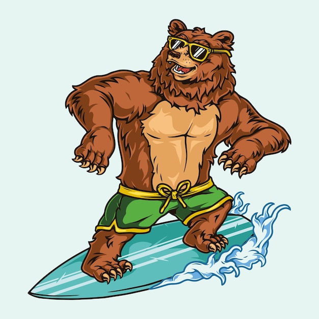 Surfing colorful with funny bear in sunglasses and shorts standing on surfboard isolated