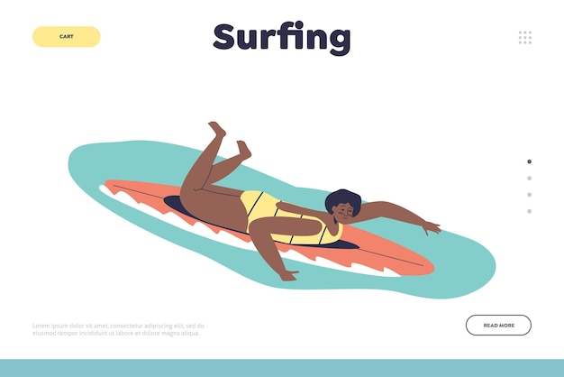 Surfing concept of landing page with woman on surfboard Young female lying on surf board ride wave