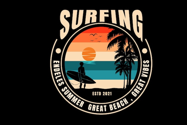 Surfing endless summer great beach great vibes color green cream and orange