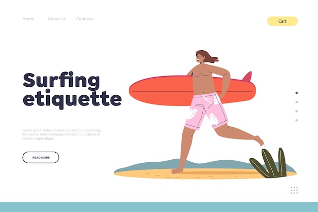 Surfing etiquette concept of landing page with young man run holding surfboard