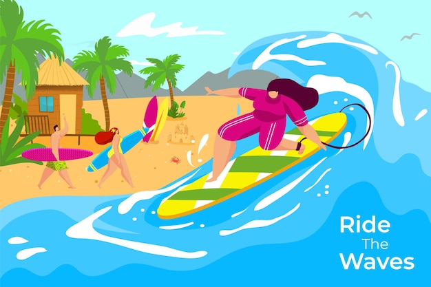 Surfing girl at summer vacation illustration