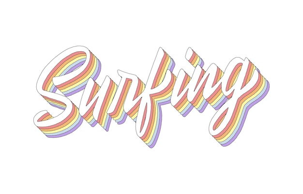 Surfing hand lettering 3d isometric effect with rainbow patterns.