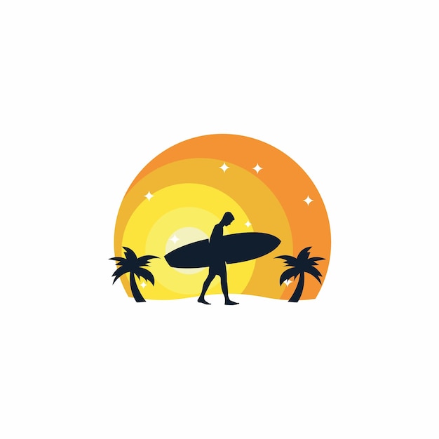 Vector surfing logo design, palm trees by the beach