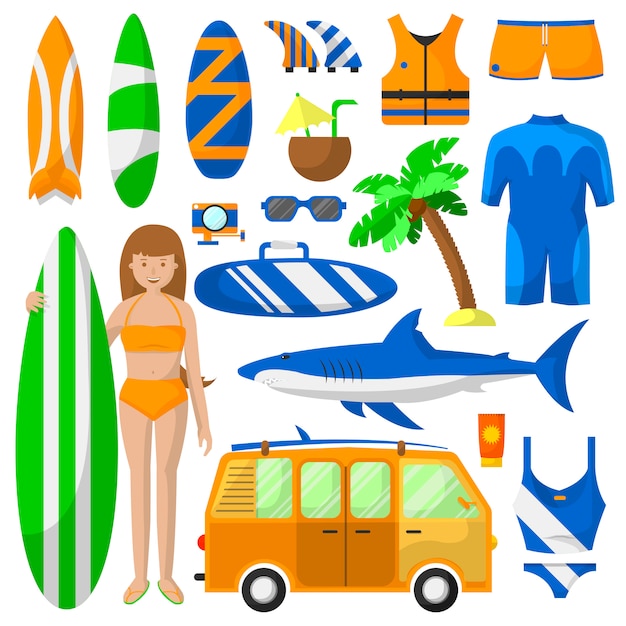 Surfing sport equipment vector collection. 