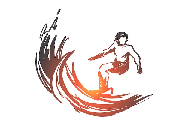 Surfing, sport, wave, ocean, summer concept. Hand drawn man surfing on waves concept sketch.