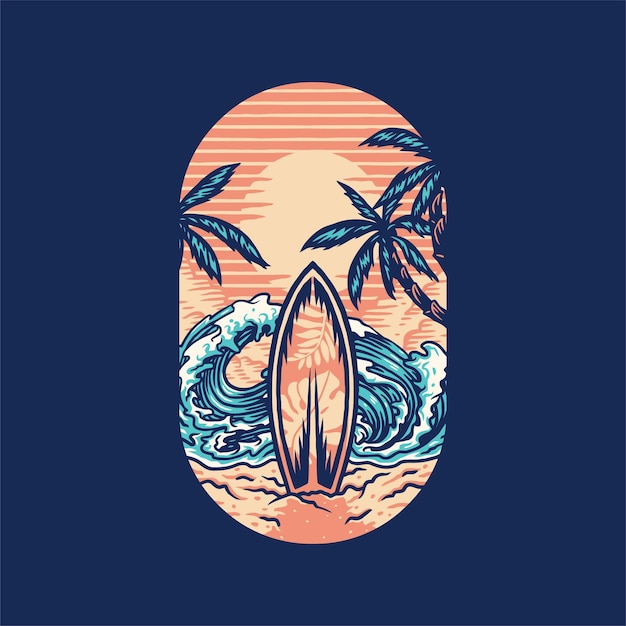 Surfing summer beach t-shirt  , hand drawn line with digital color,  illustration