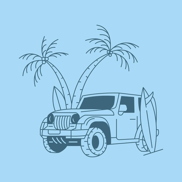 Surfing in Summer with 4x4 Offroad Vehicle Illustration for Apparel Design