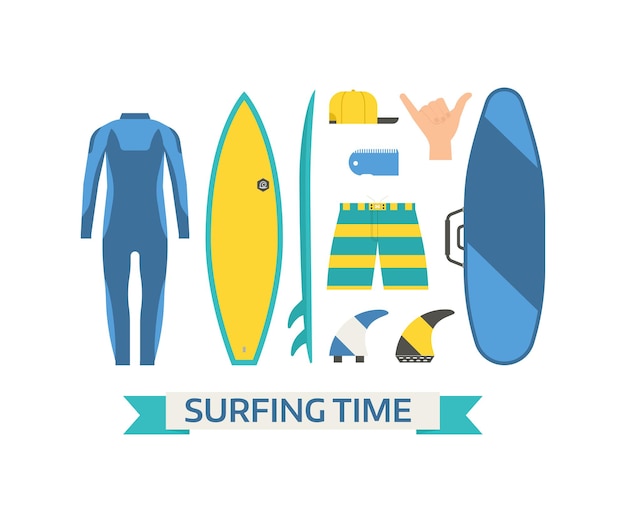 Surfing time elements and gear set. Summer surfer equipment. Surfboard, wetsuit, board bag, shaka sign, wax, cap and fins. Water activity lifestyle concept objects.