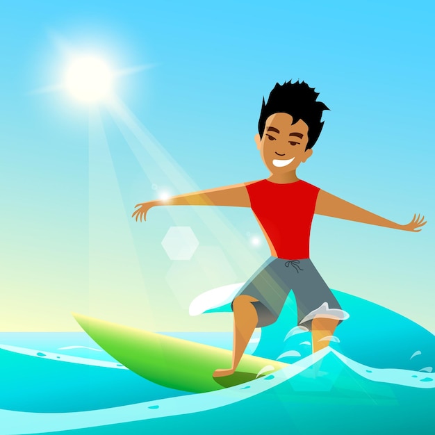 Surfing vector illustration Young surfer on surfboard