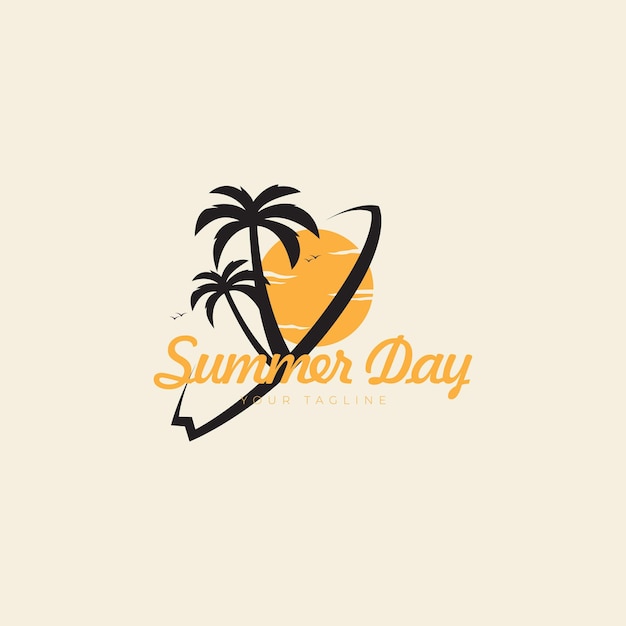 Surfing with coconut trees on the beach logo design hipster vector icon illustration