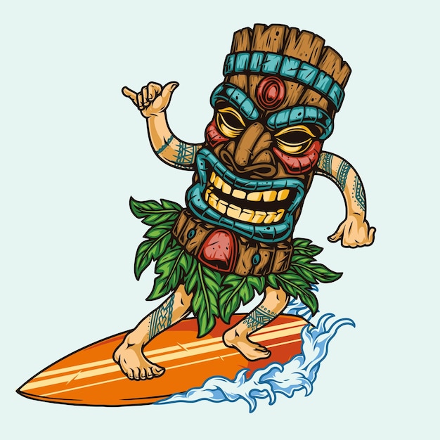 Surfing with surfer in tiki mask riding wave isolated