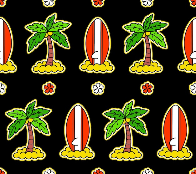 Surfpalmbeach seamless pattern artVector graphic illustration Surfbeachflowerpalmsea seamless pattern print background