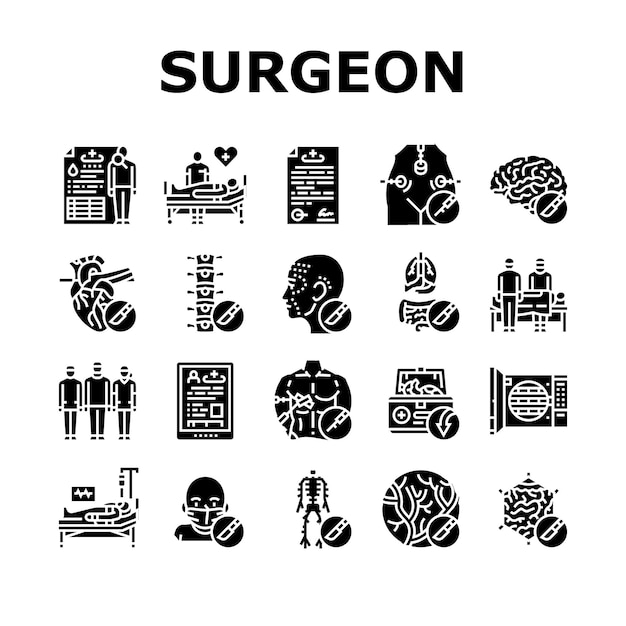 surgeon doctor hospital icons set vector surgical room surgery medical patient equipment operating mask group team nurse surgeon doctor hospital glyph pictogram Illustrations