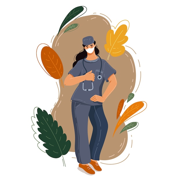 Surgeon doctor in uniform holds stethoscope. Doctor woman. Medic in hat and mask. Medicine and health care. Medical people. Hospital staff. Flat style illustration