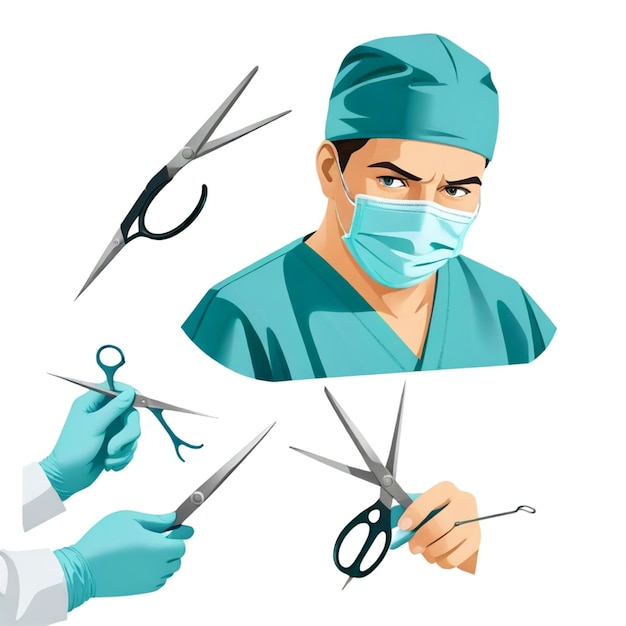 Vector surgeon using surgical scissors vector set white background isolated