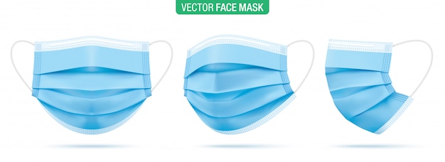 Surgical face mask,  illustration. Blue medical protective masks, from different angles isolated on white. Corona virus protection mask with ear loop, in a front, three-quarters, and side views.