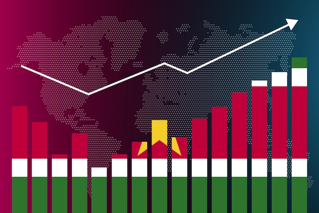 Suriname bar chart graph with ups and downs, increasing values, Suriname country flag on bar graph