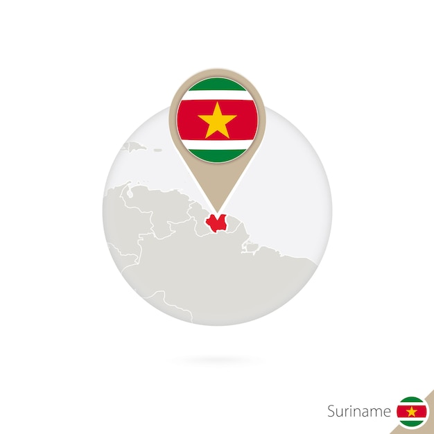 Suriname map and flag in circle. Map of Suriname, Suriname flag pin. Map of Suriname in the style of the globe. Vector Illustration.