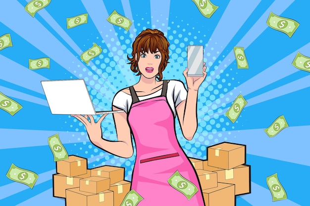 Surprise business woman successful and shocking with Falling Money say WOW OMG Pop art retro comics