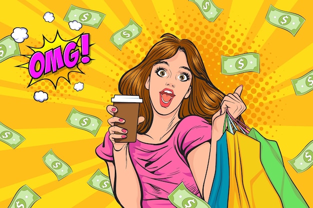 Surprise business woman successful and shocking with Falling Money say WOW OMG Pop art retro comics