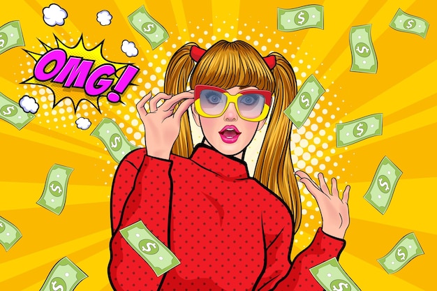 Surprise business woman successful and shocking with Falling Money say WOW OMG Pop art retro comics