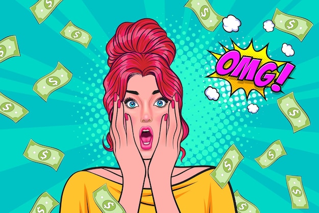 Surprise business woman successful and shocking with Falling Money say WOW OMG Pop art retro comics