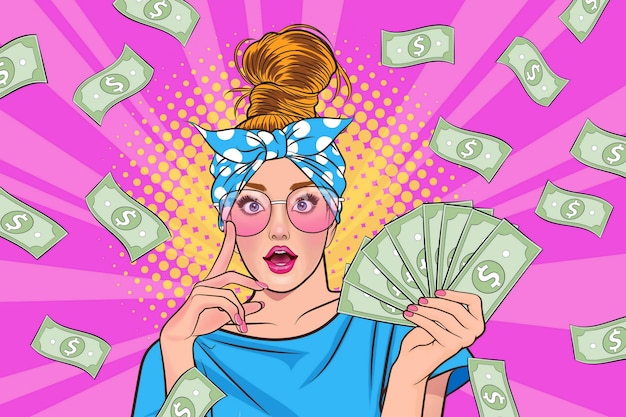 Surprise business woman successful and shocking with Falling Money say WOW Pop art retro comic style