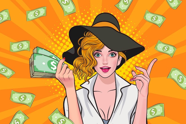 Surprise business woman successful and shocking with Falling Money say WOW Pop art retro comic style